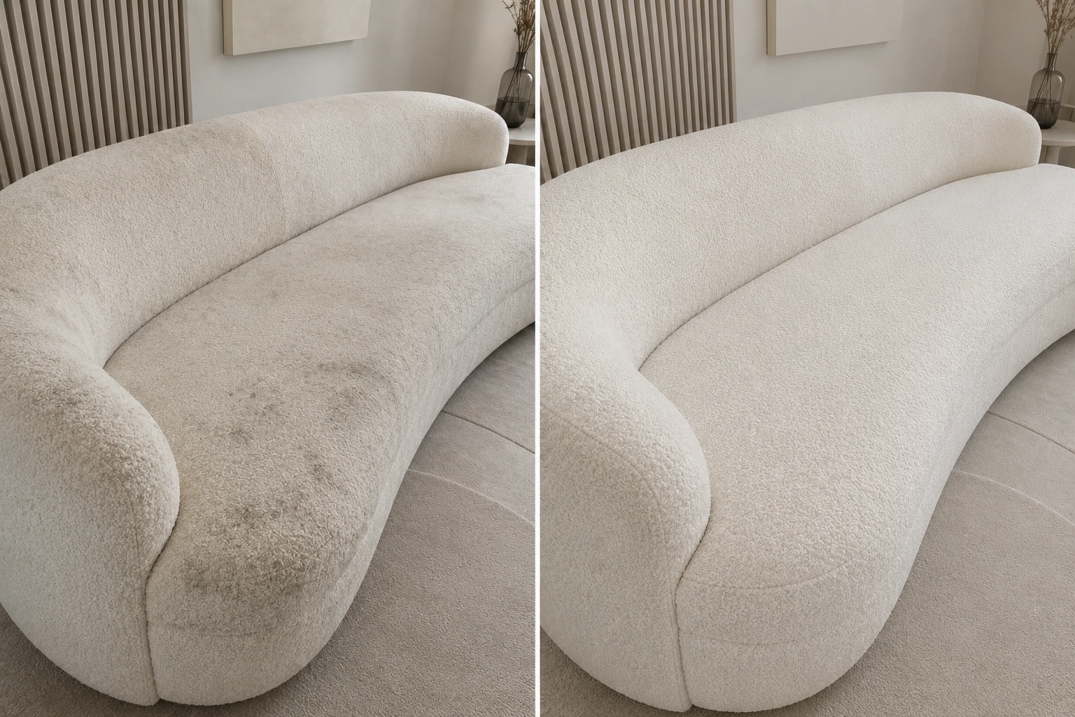 Antes e depois de higienização de sofá bouclé off-white
