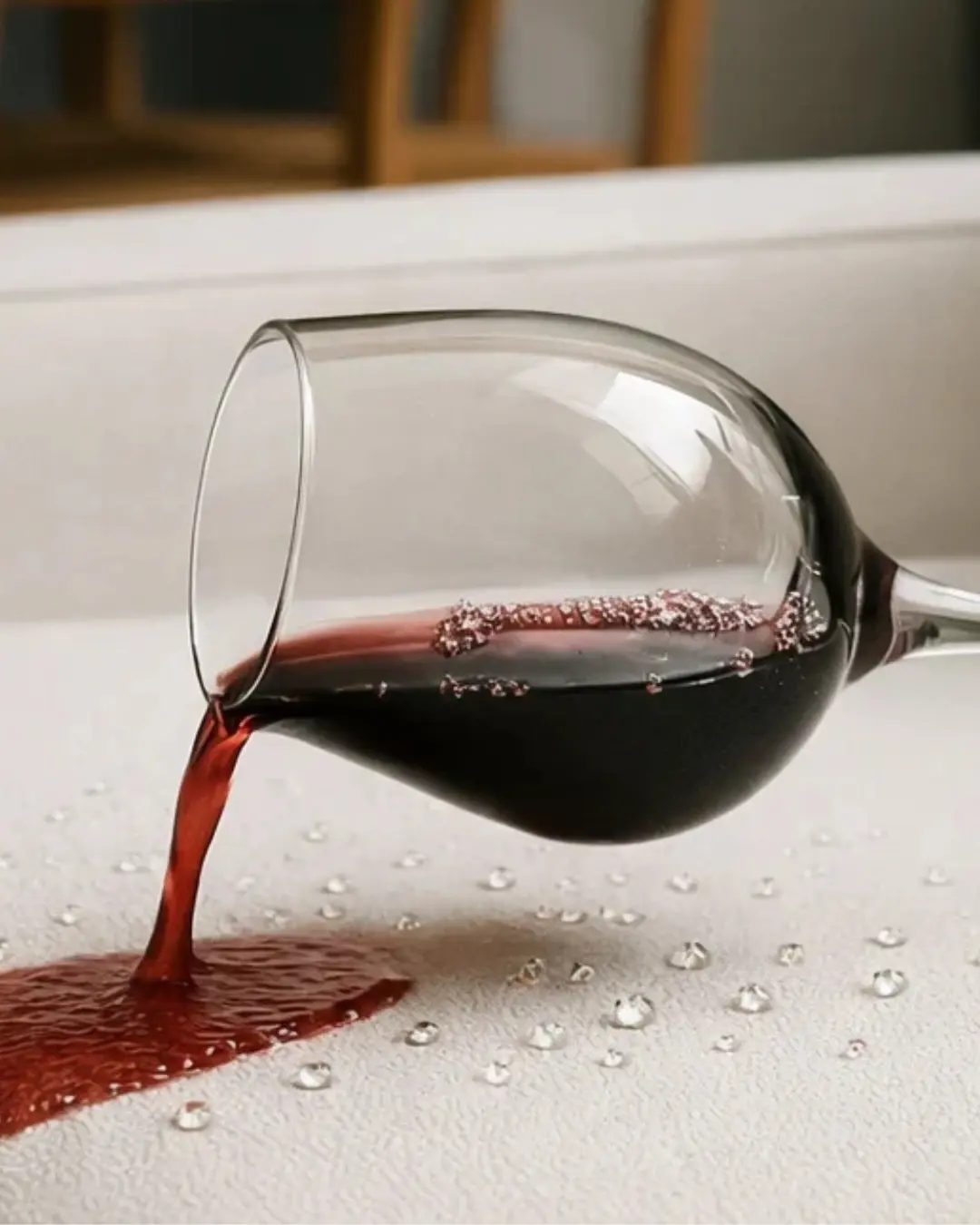 Blindagem de estofados — taça de vinho repelida pelo tecido impermeabilizado